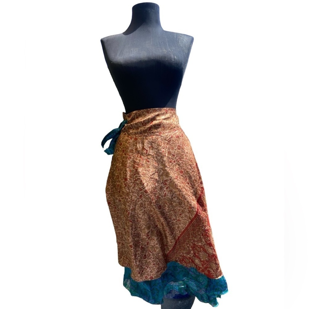 Reversible Silk Wrap Skirt by Western Fashion Bohemian Bluish/Red - Picture 13 of 16